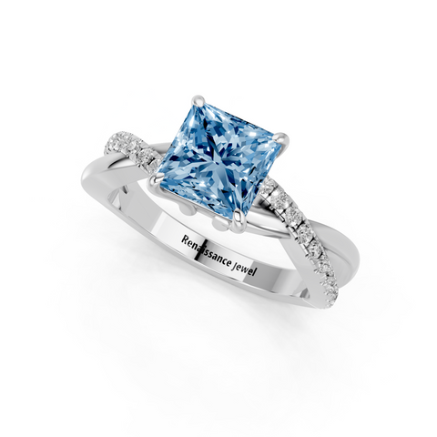 White gold Fancy Blue Princess  Cut Diamond Twist Band Solitaire with Prong Setting_3