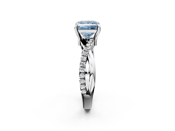 White gold Fancy Blue Princess  Cut Diamond Twist Band Solitaire with Prong Setting