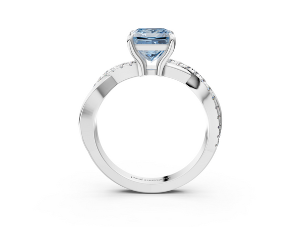 White gold Fancy Blue Princess  Cut Diamond Twist Band Solitaire with Prong Setting