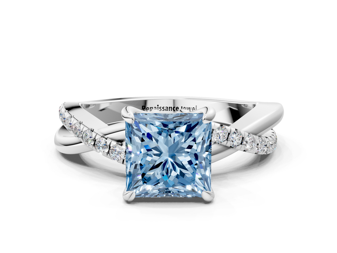 White gold Fancy Blue Princess  Cut Diamond Twist Band Solitaire with Prong Setting_75