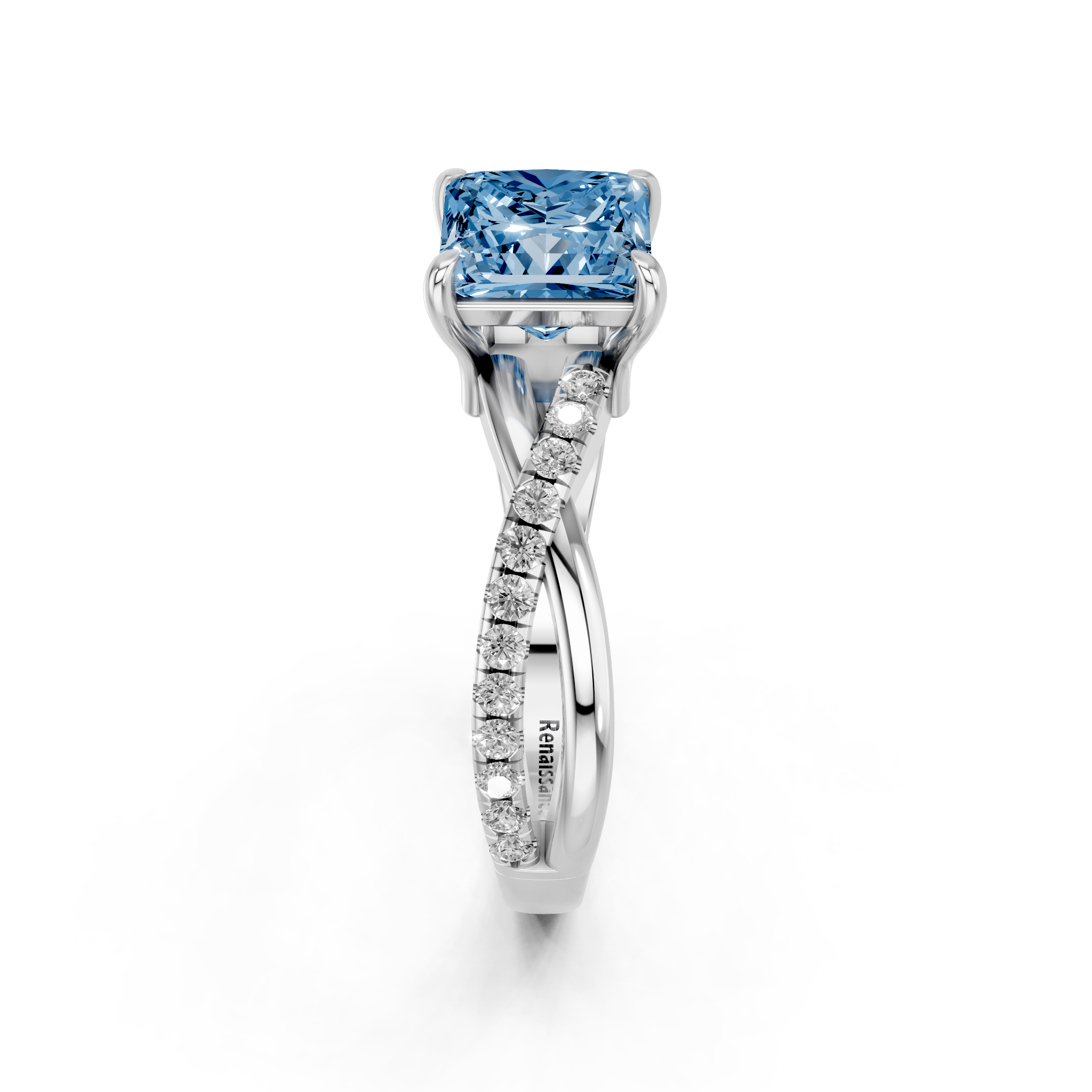 White gold Fancy Blue Princess  Cut Diamond Twist Band Solitaire with Prong Setting_8