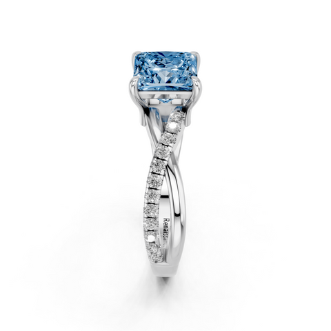 White gold Fancy Blue Princess  Cut Diamond Twist Band Solitaire with Prong Setting_8