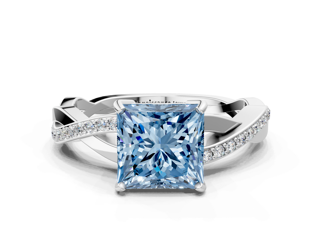 White gold Fancy Blue Princess  Cut Diamond Twisted Band Engagement Ring with Prong Setting_3