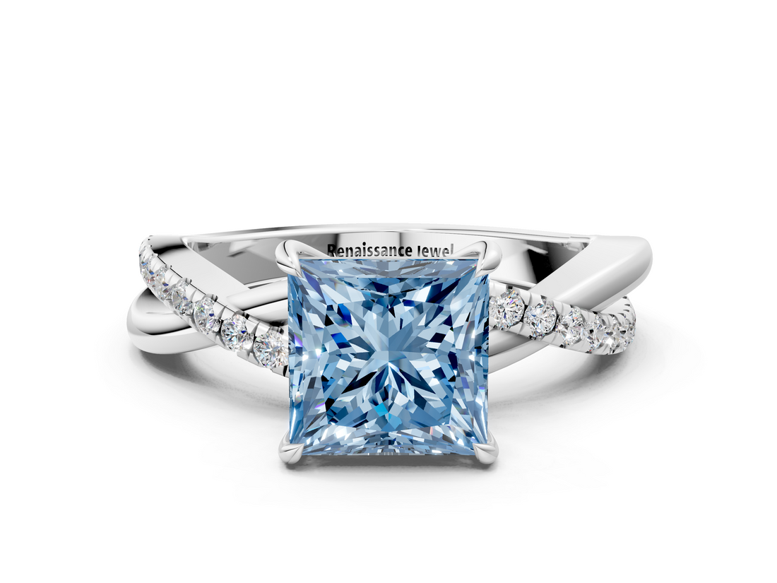 White gold Fancy Blue Princess  Cut Diamond Twisted Band with Pavé Setting and Four-Prong Setting_19