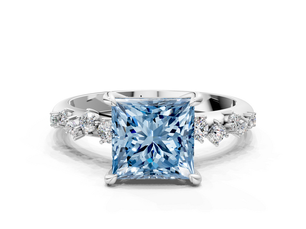 Platinum Fancy Blue Princess  Cut Diamond Vine Band with Four-Prong Setting