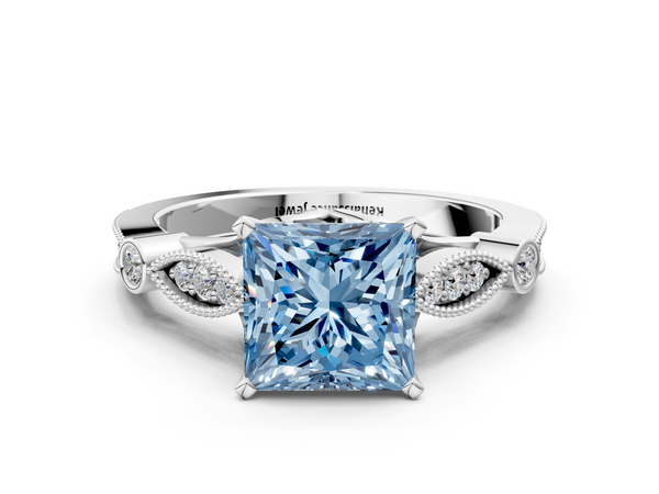 Platinum Fancy Blue Princess  Cut Diamond with Milgrain Marquise and Bezel Accents on a Solitaire Band with Prong Setting