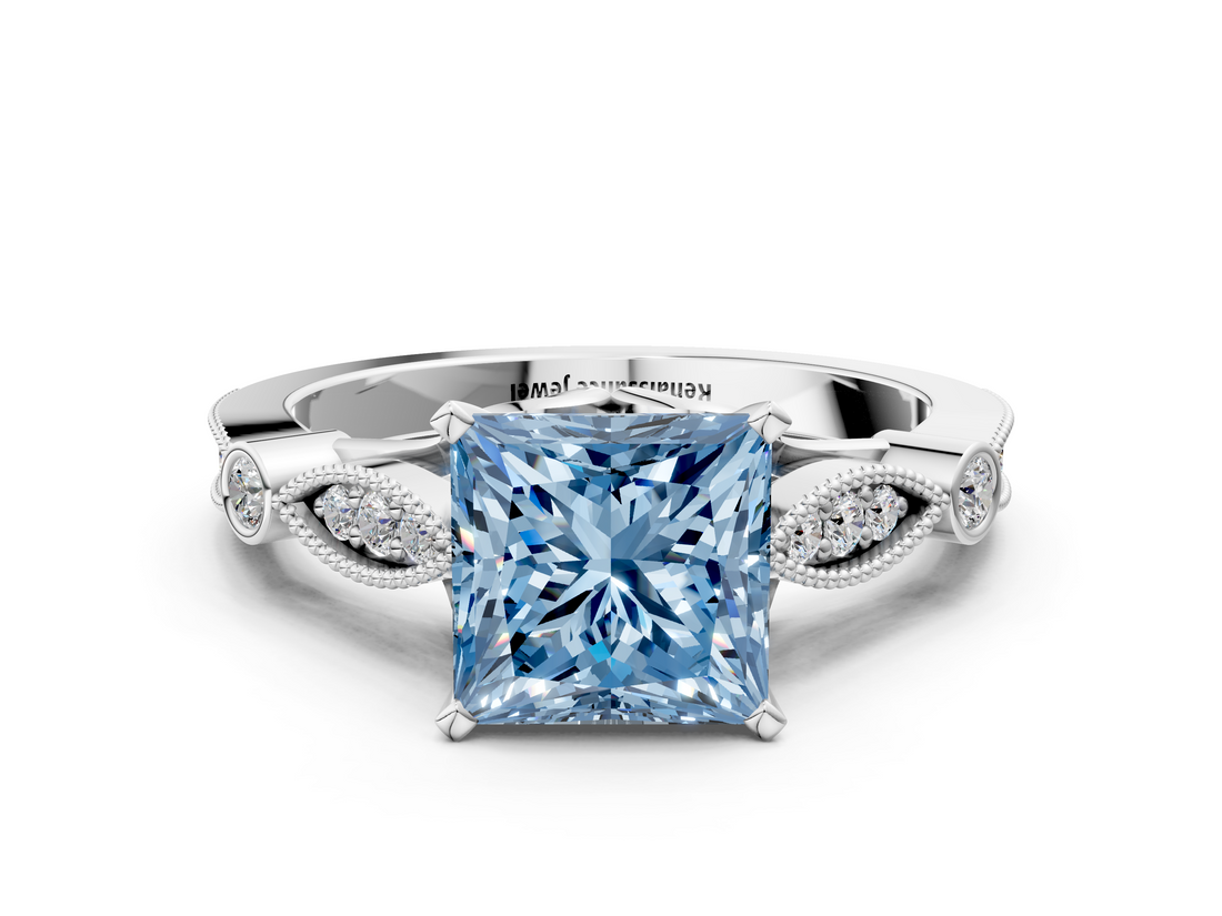 White gold Fancy Blue Princess  Cut Diamond with Milgrain Marquise and Bezel Accents on a Solitaire Band with Prong Setting_230
