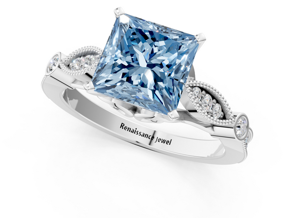 Platinum Fancy Blue Princess  Cut Diamond with Milgrain Marquise and Bezel Accents on a Solitaire Band with Prong Setting