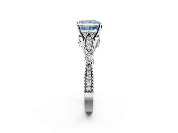 Platinum Fancy Blue Princess  Cut Diamond with Milgrain Marquise and Bezel Accents on a Solitaire Band with Prong Setting