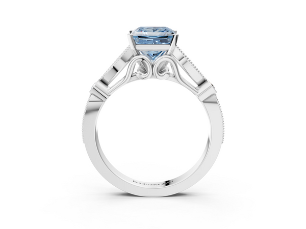 Platinum Fancy Blue Princess  Cut Diamond with Milgrain Marquise and Bezel Accents on a Solitaire Band with Prong Setting