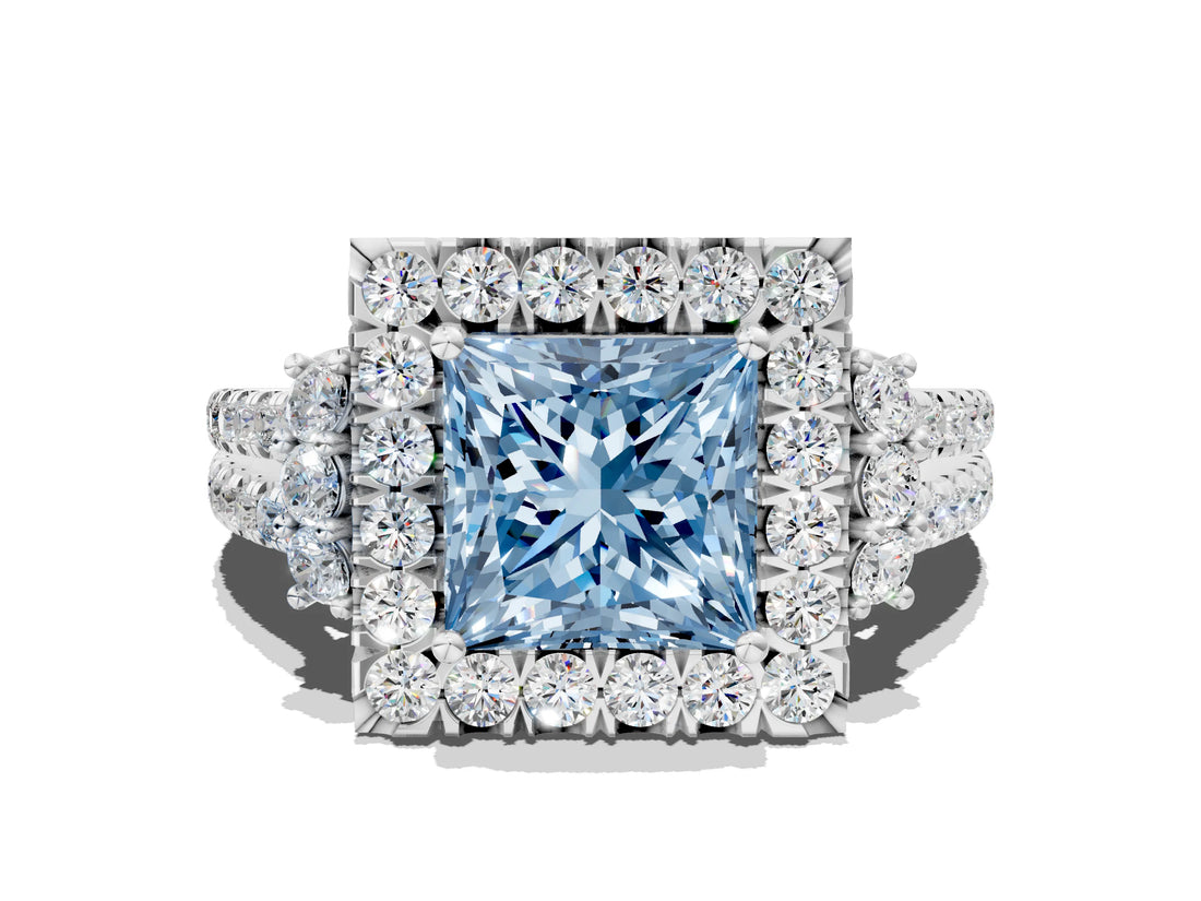 White gold Fancy Blue Princess  Cut Double Halo Diamond Engagement Ring with Pave Band and Four-Prong Setting_52