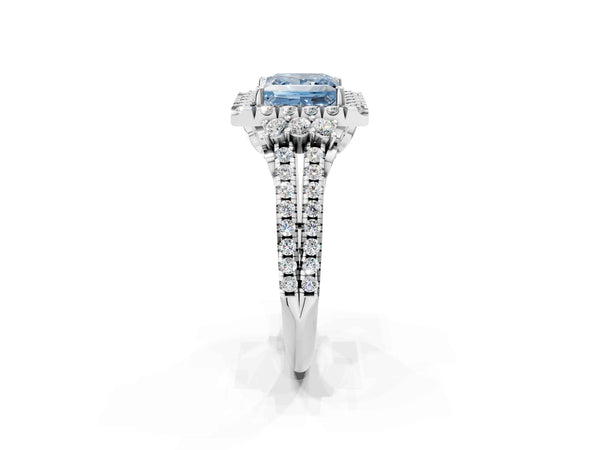 White gold Fancy Blue Princess  Cut Double Halo Diamond Engagement Ring with Pave Band and Four-Prong Setting