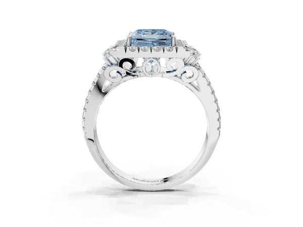 White gold Fancy Blue Princess  Cut Double Halo Diamond Engagement Ring with Pave Band and Four-Prong Setting
