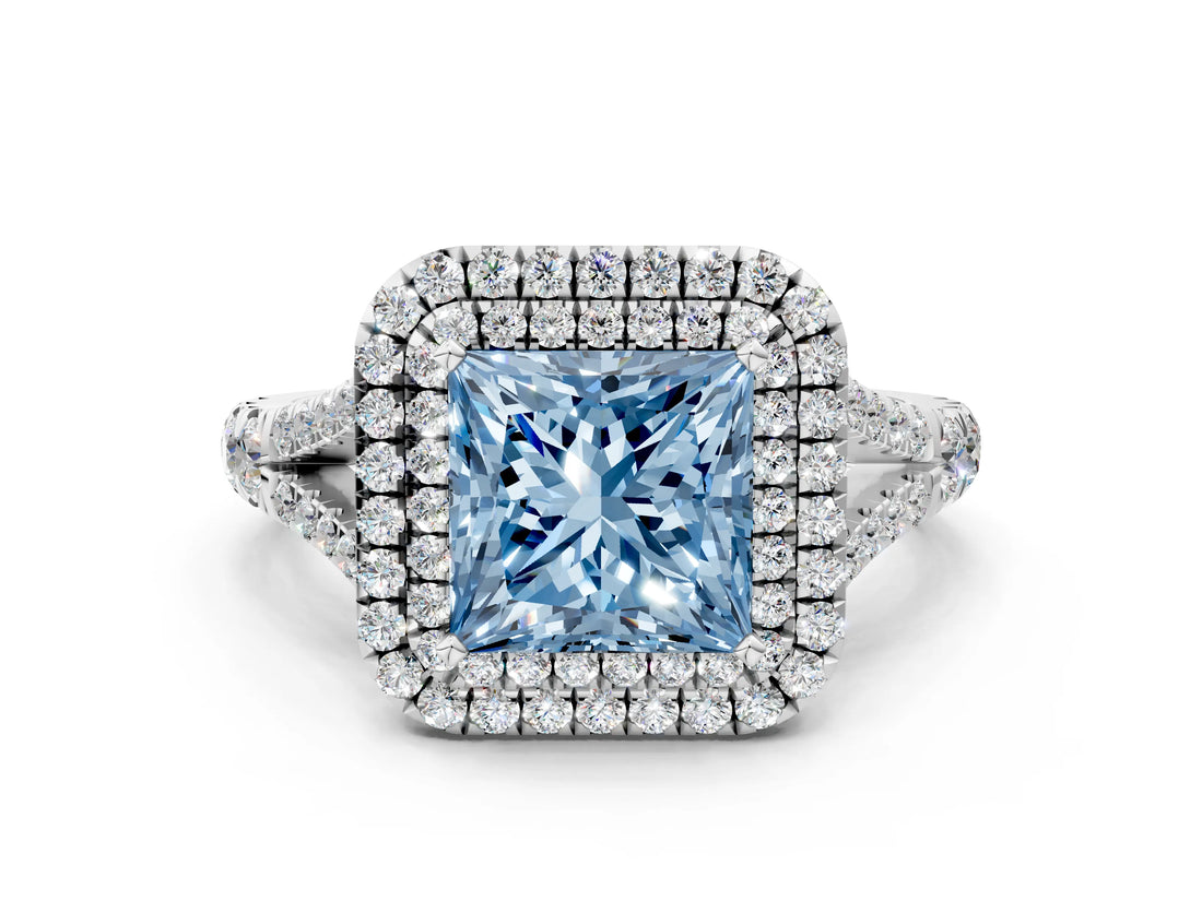 White gold Fancy Blue Princess  Cut Double Halo Split Shank Diamond Ring with Prong Setting_49