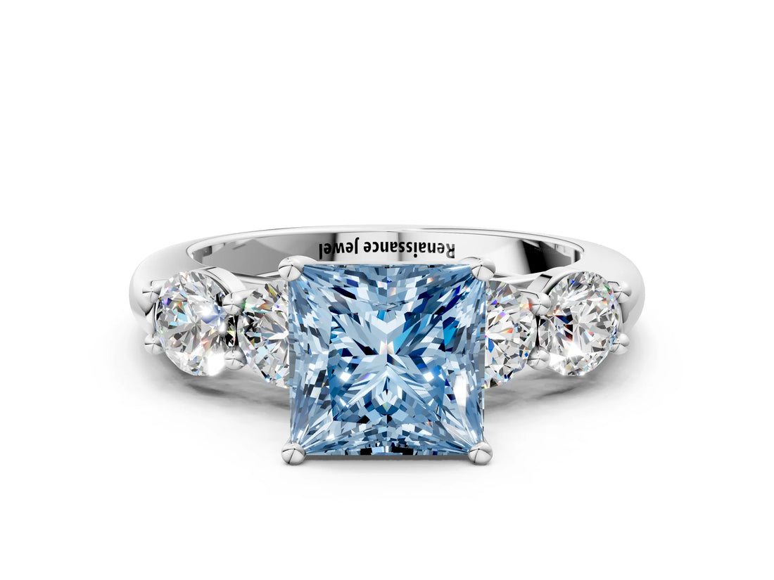 White gold Fancy Blue Princess  Cut Five-Stone Prong Set Diamond Ring with Classic Band_32