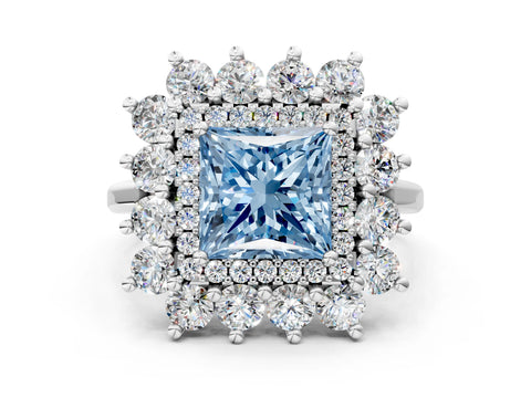 White gold Fancy Blue Princess Cut Halo Cluster Diamond Ring with Pave Band and Four-Prong Setting_12