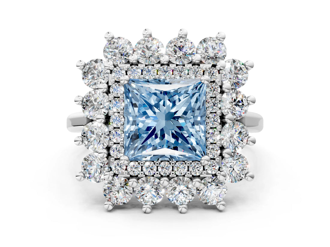 White gold Fancy Blue Princess Cut Halo Cluster Diamond Ring with Pave Band and Four-Prong Setting_13