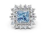 White gold Fancy Blue Princess Cut Halo Cluster Diamond Ring with Pave Band and Four-Prong Setting_13