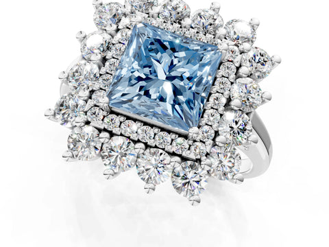 White gold Fancy Blue Princess Cut Halo Cluster Diamond Ring with Pave Band and Four-Prong Setting_13