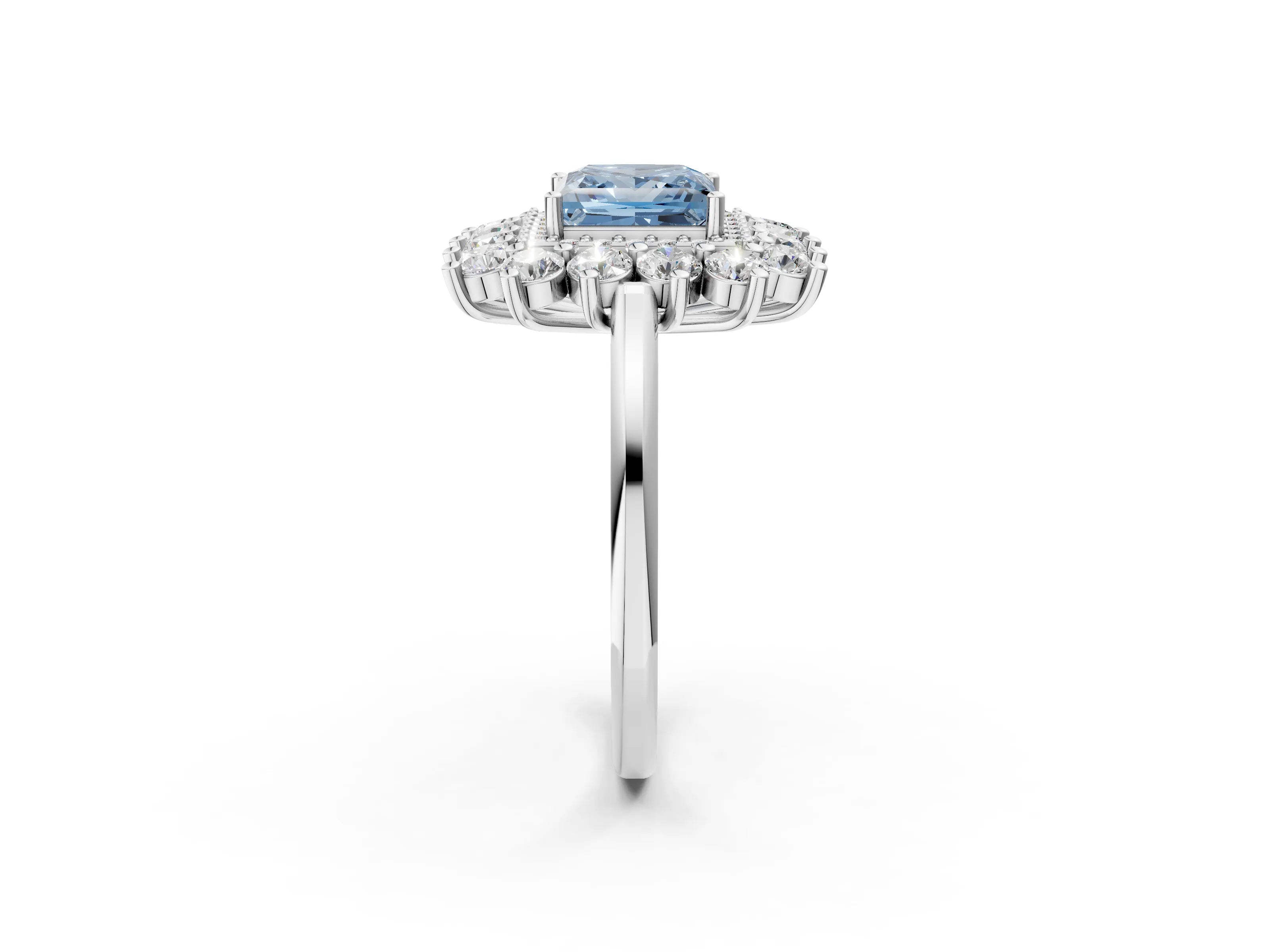 White gold Fancy Blue Princess Cut Halo Cluster Diamond Ring with Pave Band and Four-Prong Setting_14