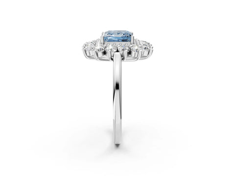 White gold Fancy Blue Princess Cut Halo Cluster Diamond Ring with Pave Band and Four-Prong Setting_14