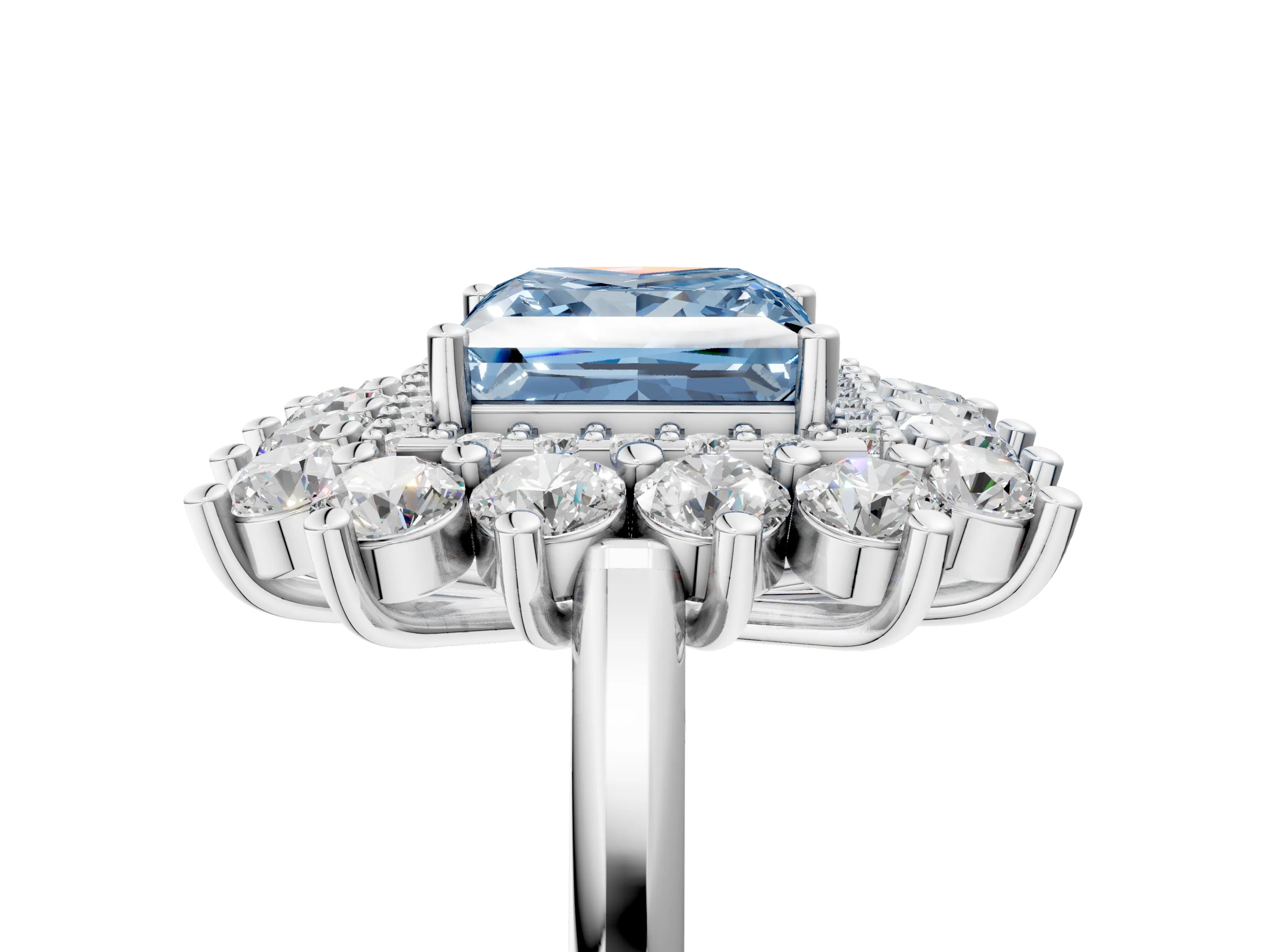 White gold Fancy Blue Princess Cut Halo Cluster Diamond Ring with Pave Band and Four-Prong Setting_17