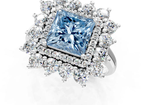White gold Fancy Blue Princess Cut Halo Cluster Diamond Ring with Pave Band and Four-Prong Setting_1