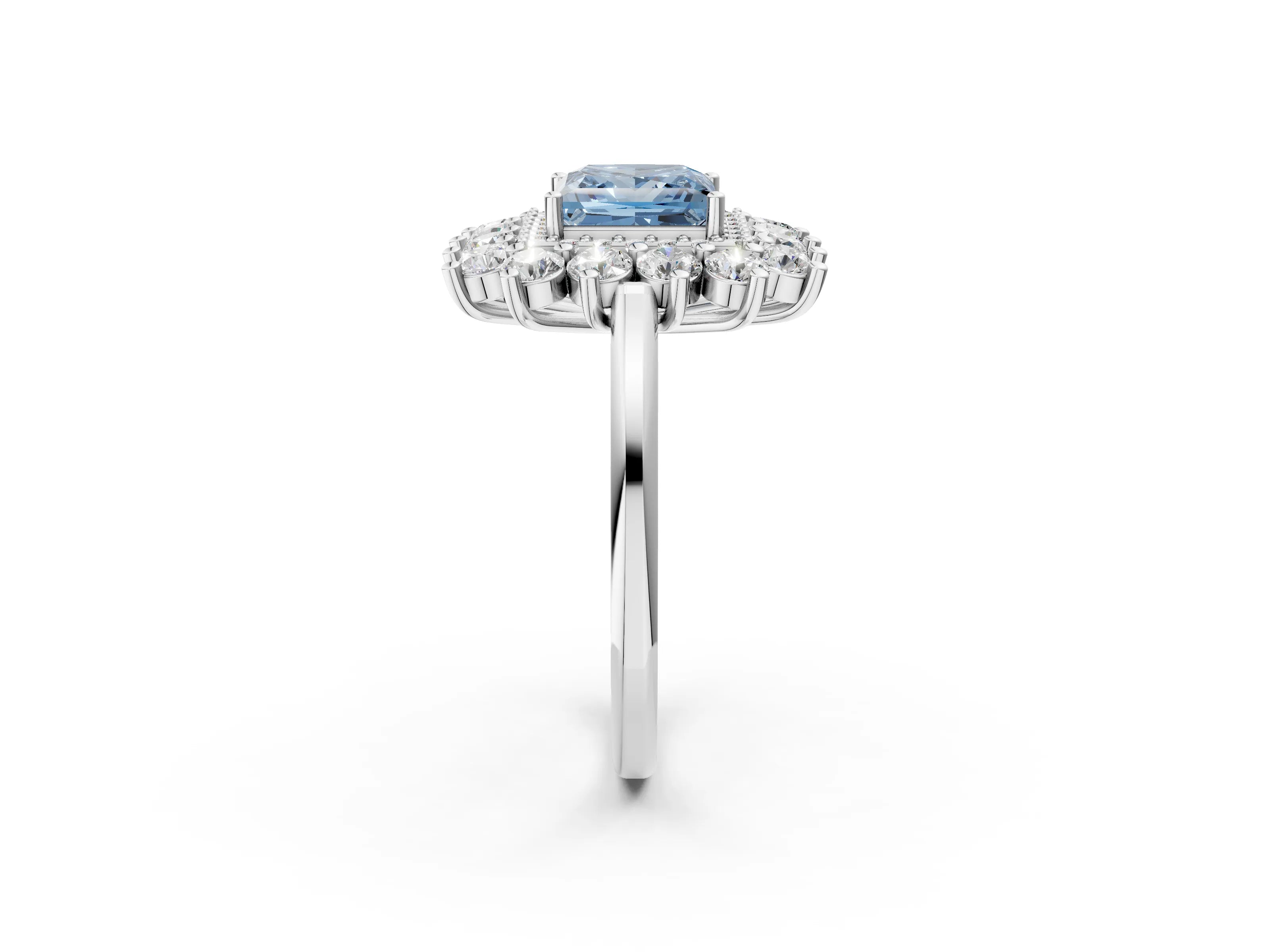 White gold Fancy Blue Princess Cut Halo Cluster Diamond Ring with Pave Band and Four-Prong Setting_2