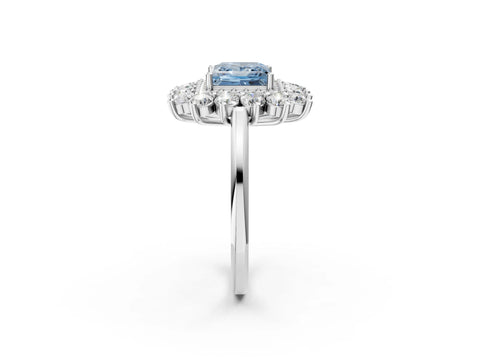White gold Fancy Blue Princess Cut Halo Cluster Diamond Ring with Pave Band and Four-Prong Setting_2