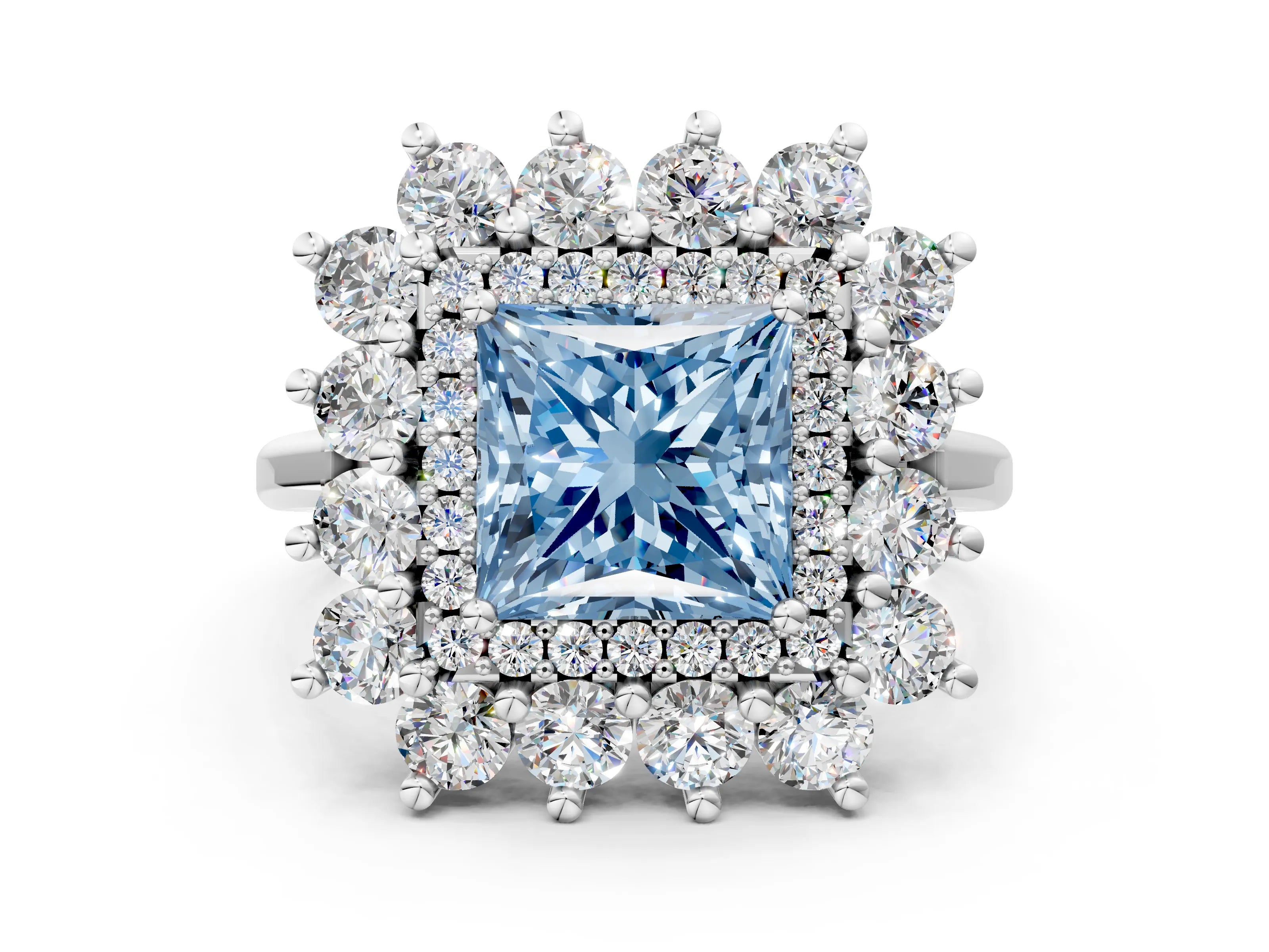 White gold Fancy Blue Princess Cut Halo Cluster Diamond Ring with Pave Band and Four-Prong Setting