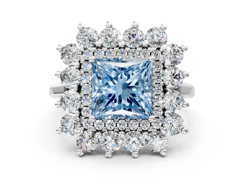 White gold Fancy Blue Princess Cut Halo Cluster Diamond Ring with Pave Band and Four-Prong Setting