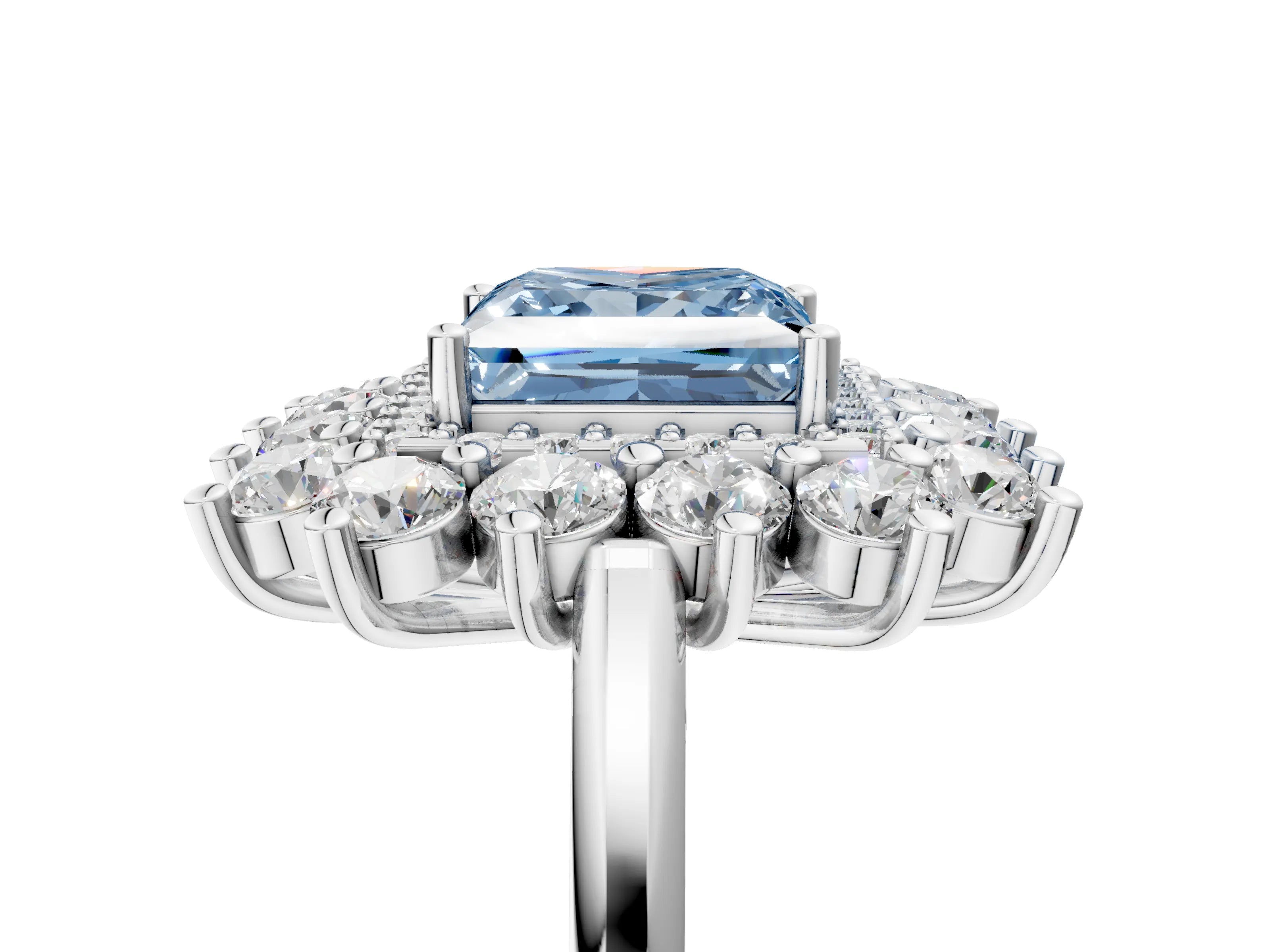 White gold Fancy Blue Princess Cut Halo Cluster Diamond Ring with Pave Band and Four-Prong Setting_5