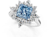 White gold Fancy Blue Princess Cut Halo Diamond Cluster Ring with Marquise and Round Stones on a White Gold Band with Prong Setting_1