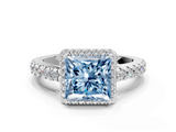 White gold Fancy Blue Princess  Cut Halo Diamond Engagement Ring with Pave Band and Four-Prong Setting_28