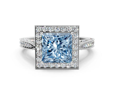 White gold Fancy Blue Princess Cut Halo Diamond Engagement Ring with Split Shank Band and Four-Prong Setting_12