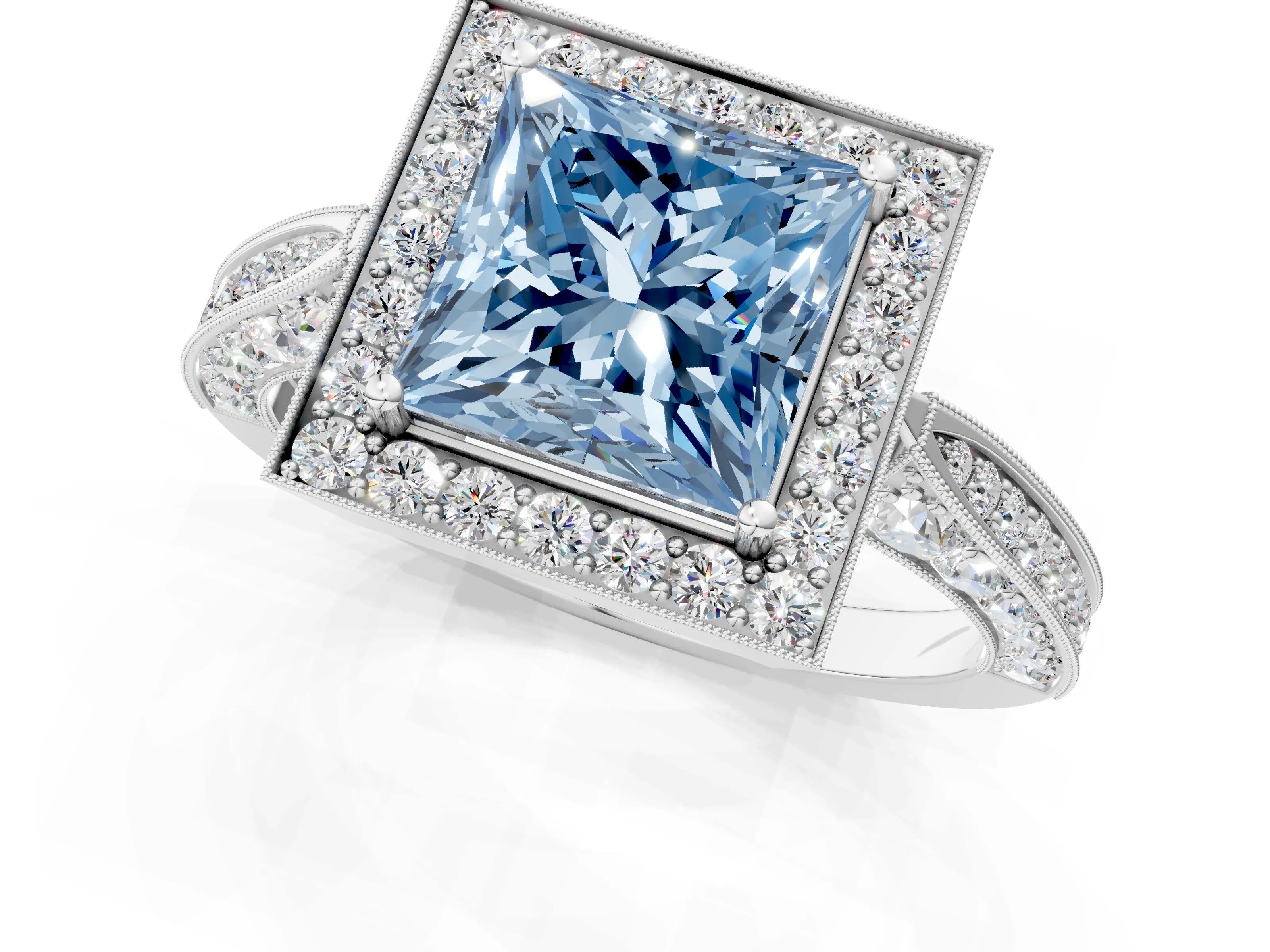 White gold Fancy Blue Princess Cut Halo Diamond Engagement Ring with Split Shank Band and Four-Prong Setting_13