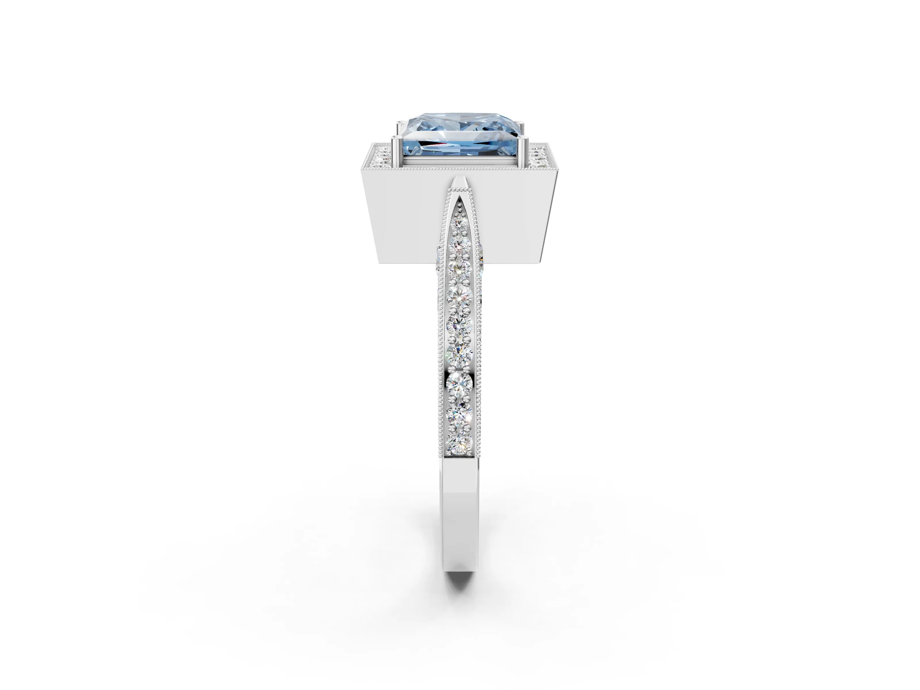 White gold Fancy Blue Princess Cut Halo Diamond Engagement Ring with Split Shank Band and Four-Prong Setting_14