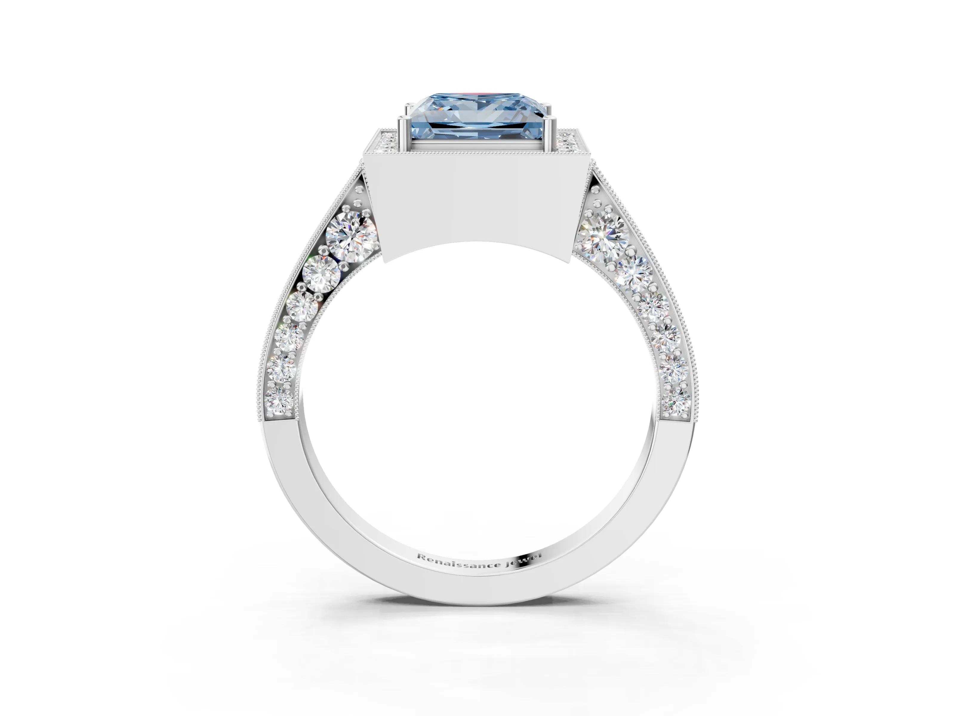 White gold Fancy Blue Princess Cut Halo Diamond Engagement Ring with Split Shank Band and Four-Prong Setting_15