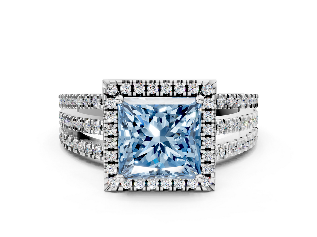 White gold Fancy Blue Princess  Cut Halo Diamond Engagement Ring with Split Shank and Four-Prong Setting_20