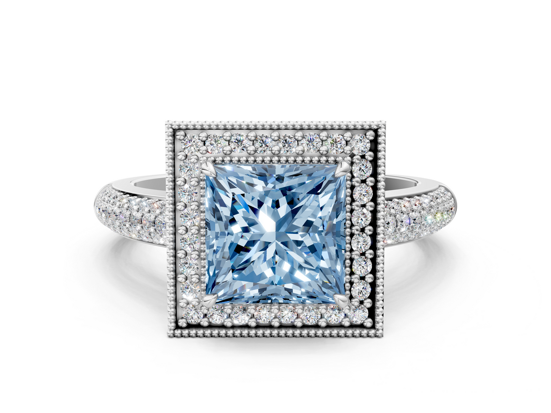 White gold Fancy Blue Princess  Cut Halo Diamond Pave Band with Four-Prong Setting_37