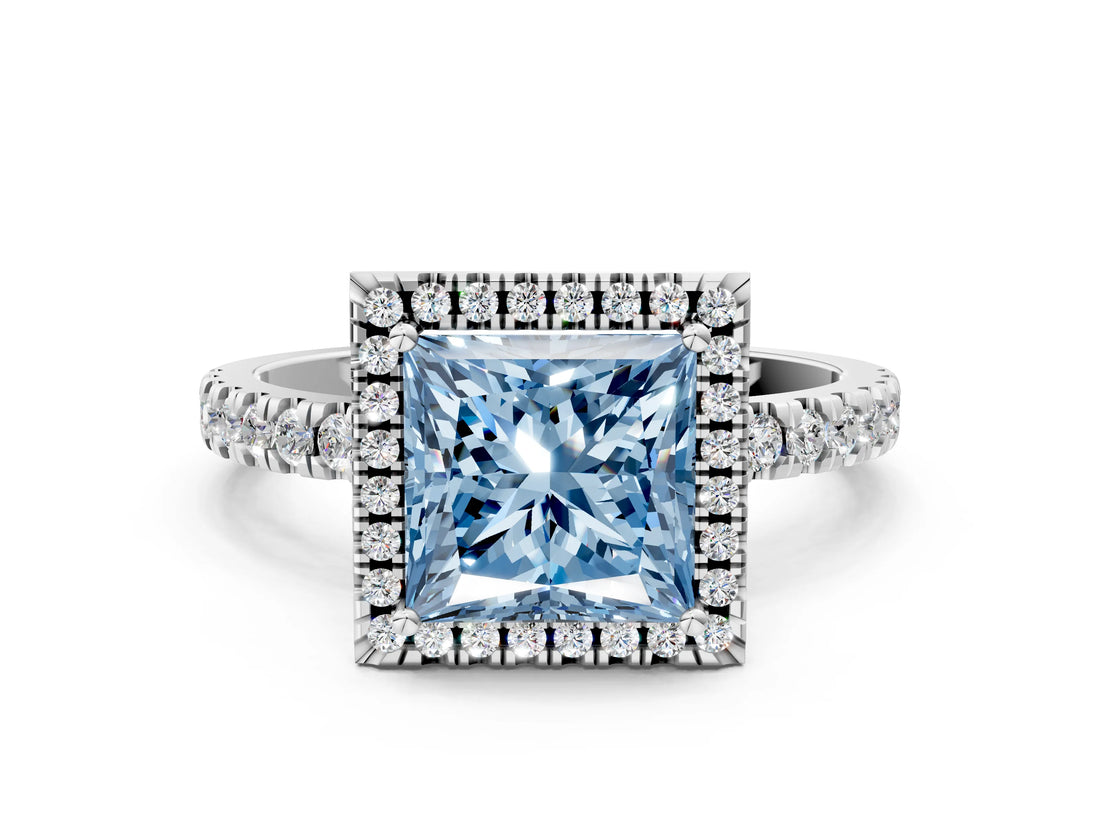White gold Fancy Blue Princess Cut Halo Diamond Pave Band with Prong Setting