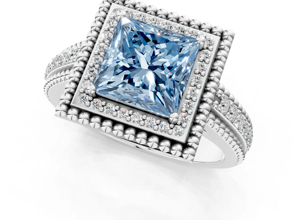 White Gold Princess Cut Beaded Halo Engagement Ring Setting for Fancy Blue Center with Pave