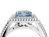 White gold Fancy Blue Princess Cut Halo Diamond Ring with Beaded Split Shank and Four-Prong Setting_4