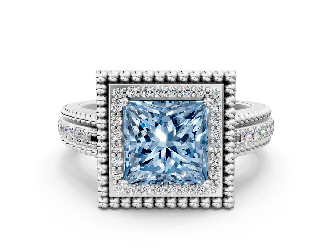 White gold Fancy Blue Princess Cut Halo Diamond Ring with Beaded Split Shank and Four-Prong Setting