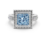 White gold Fancy Blue Princess Cut Halo Diamond Ring with Beaded Split Shank and Four-Prong Setting
