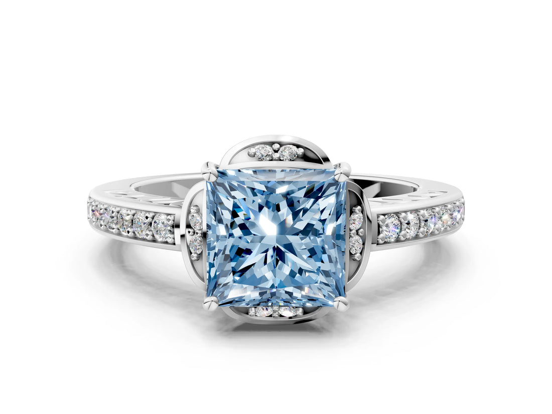 White gold Fancy Blue Princess  Cut Halo Diamond Ring with Channel Set Band and Four-Prong Setting_32
