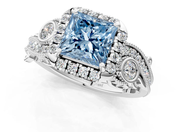 White gold Fancy Blue Princess Cut Halo Diamond Ring with Milgrain and Bezel Accents on a Split Shank Band