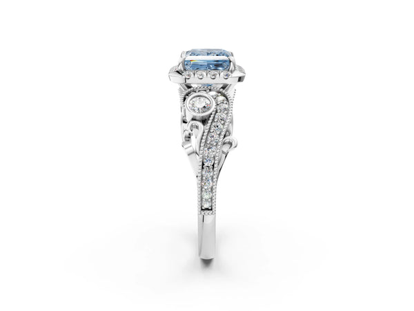 White gold Fancy Blue Princess Cut Halo Diamond Ring with Milgrain and Bezel Accents on a Split Shank Band