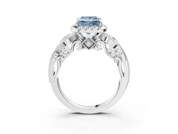 White gold Fancy Blue Princess Cut Halo Diamond Ring with Milgrain and Bezel Accents on a Split Shank Band