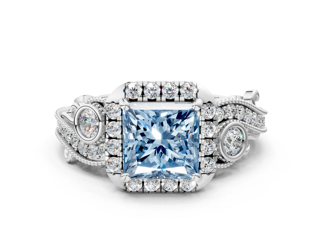 White gold Fancy Blue Princess Cut Halo Diamond Ring with Milgrain and Bezel Accents on a Split Shank Band_24